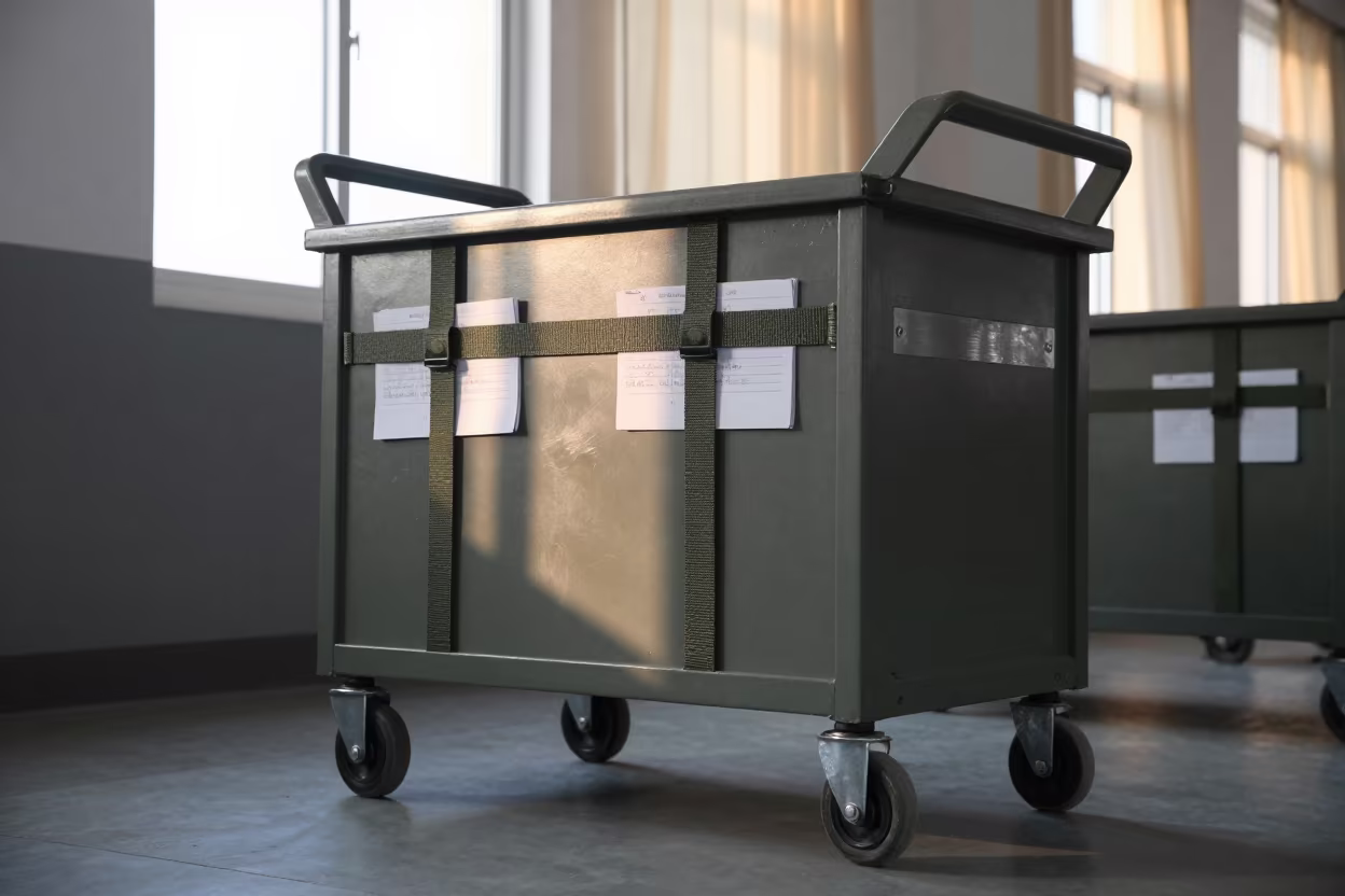 Linen Cart in Jinan Mess Hall Dawn Light in in a mess hall before service in Jinan