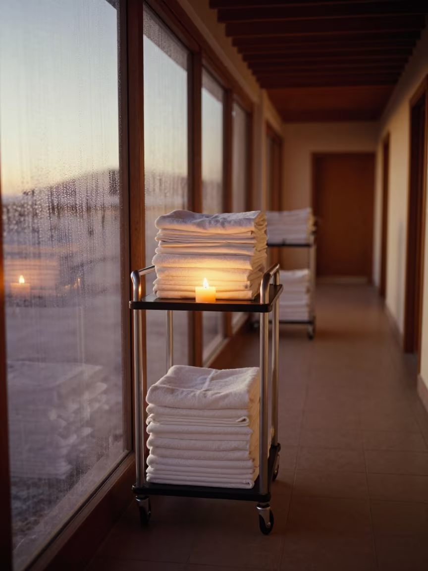 Linen Cart in Predawn Hotel Corridor in in a quiet guest corridor near Uyuni