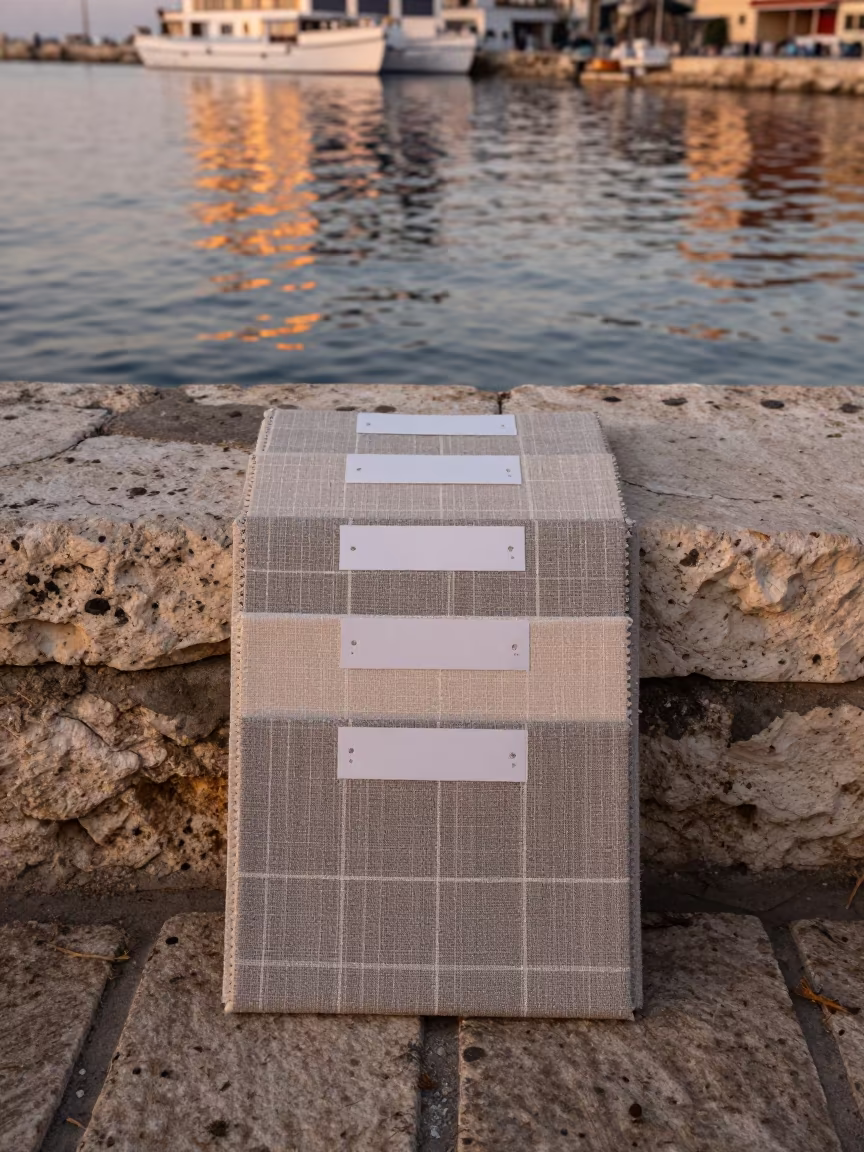 Linen Check Swatch Folder Harbor Wall Beirut in against a wind-beaten harbor wall in Beirut