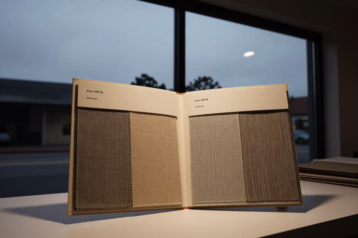 Linen Check Swatch Folder Twilight Silhouette in inside a minimalist showroom in Santa Cruz