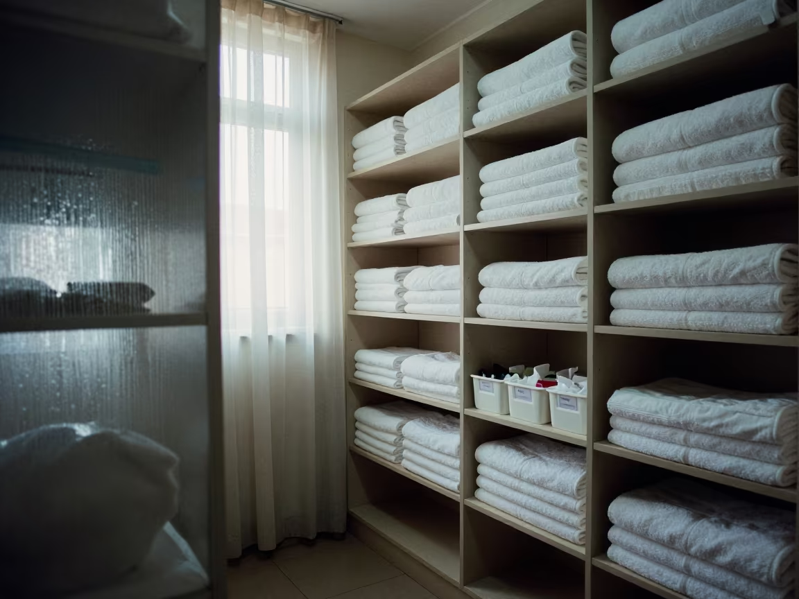 Linen Closet with Towel Par Levels in Bouaflé Spa in inside a spa reception in Bouaflé