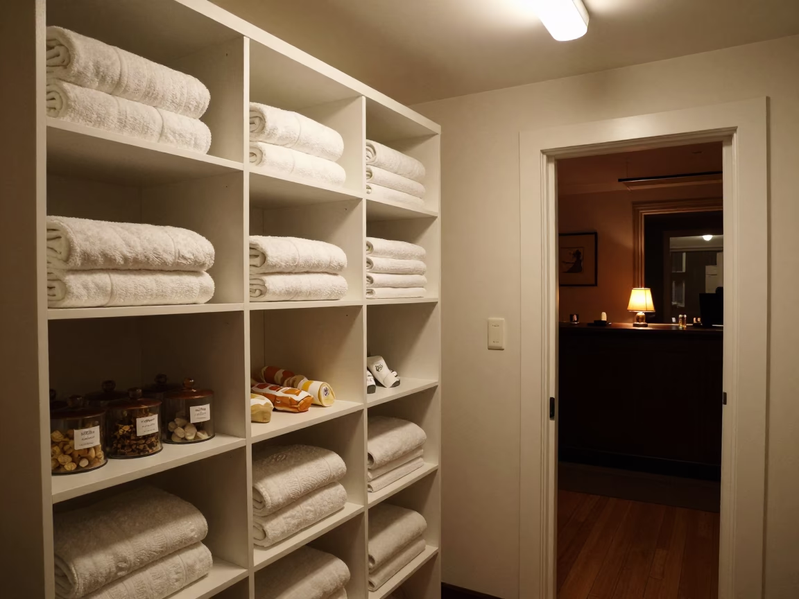 Linen Closet with Towels and Room Tags in inside a spa reception in Nyhavn, Copenhagen