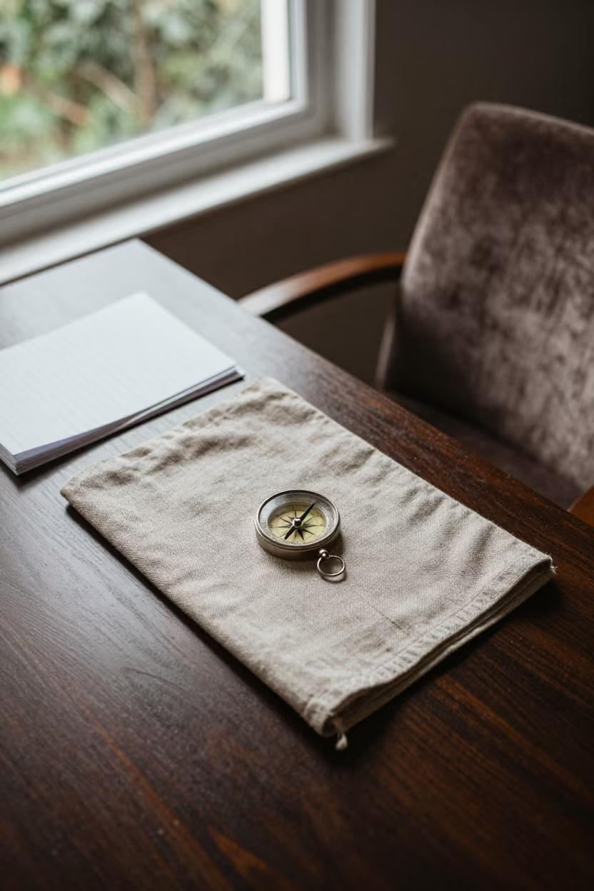 Linen Compass on Oak Desk in Buea in on a velvet chair in Buea