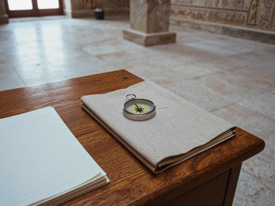 Linen Compass on Oak Desk Near Edfu in on a museum plinth near Edfu