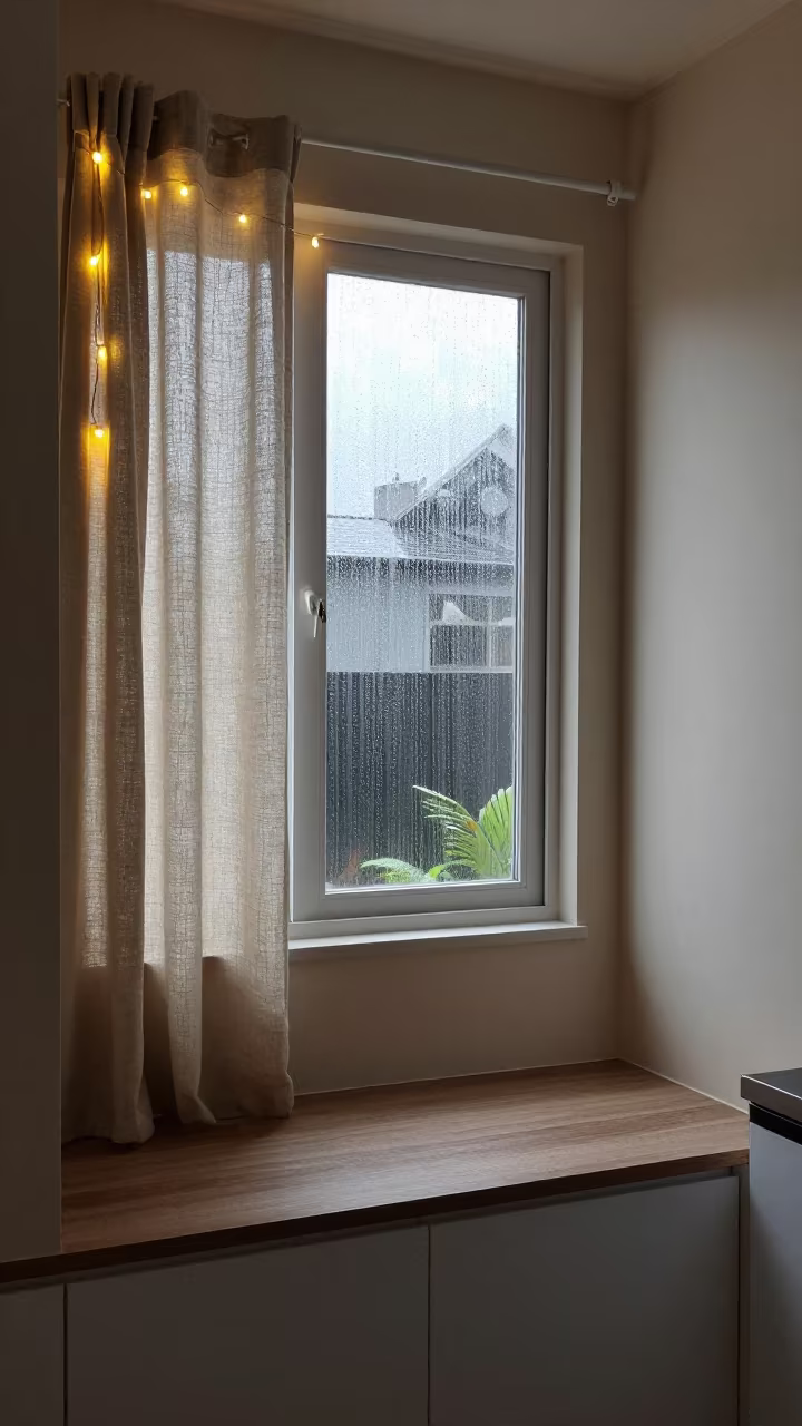 Linen Curtains and Fairy Lights at Dawn in Buea in in a cozy kitchen in Buea