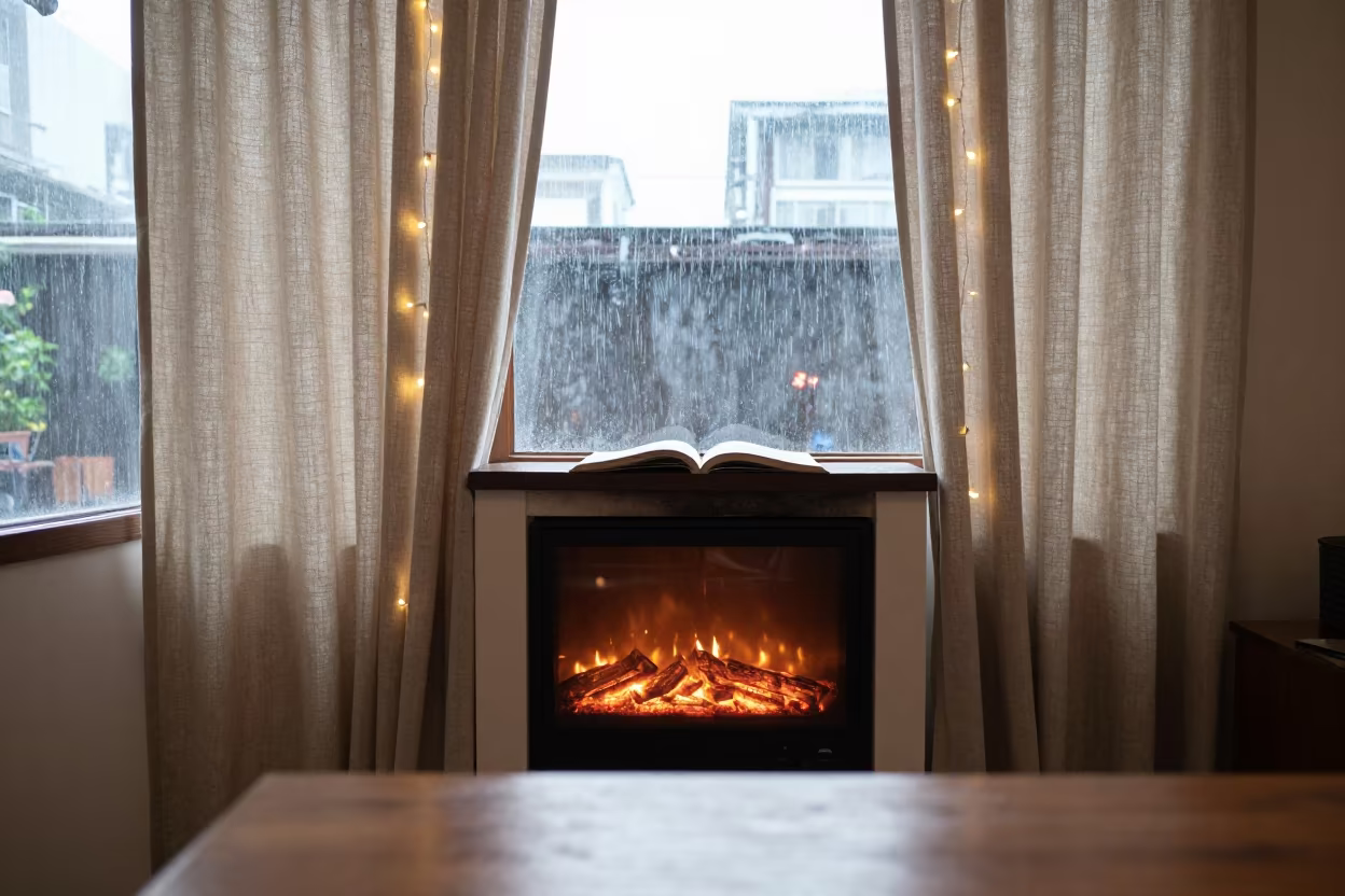 Linen Curtains and Fairy Lights by Fireplace in by a crackling fireplace in Kaohsiung