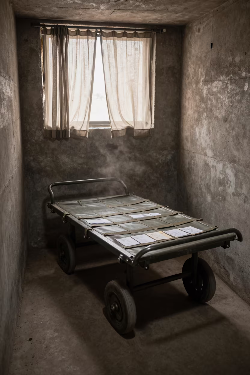 Linen Exchange Cart in Dawn Light in inside a bunker stairwell near Ahmedpur East