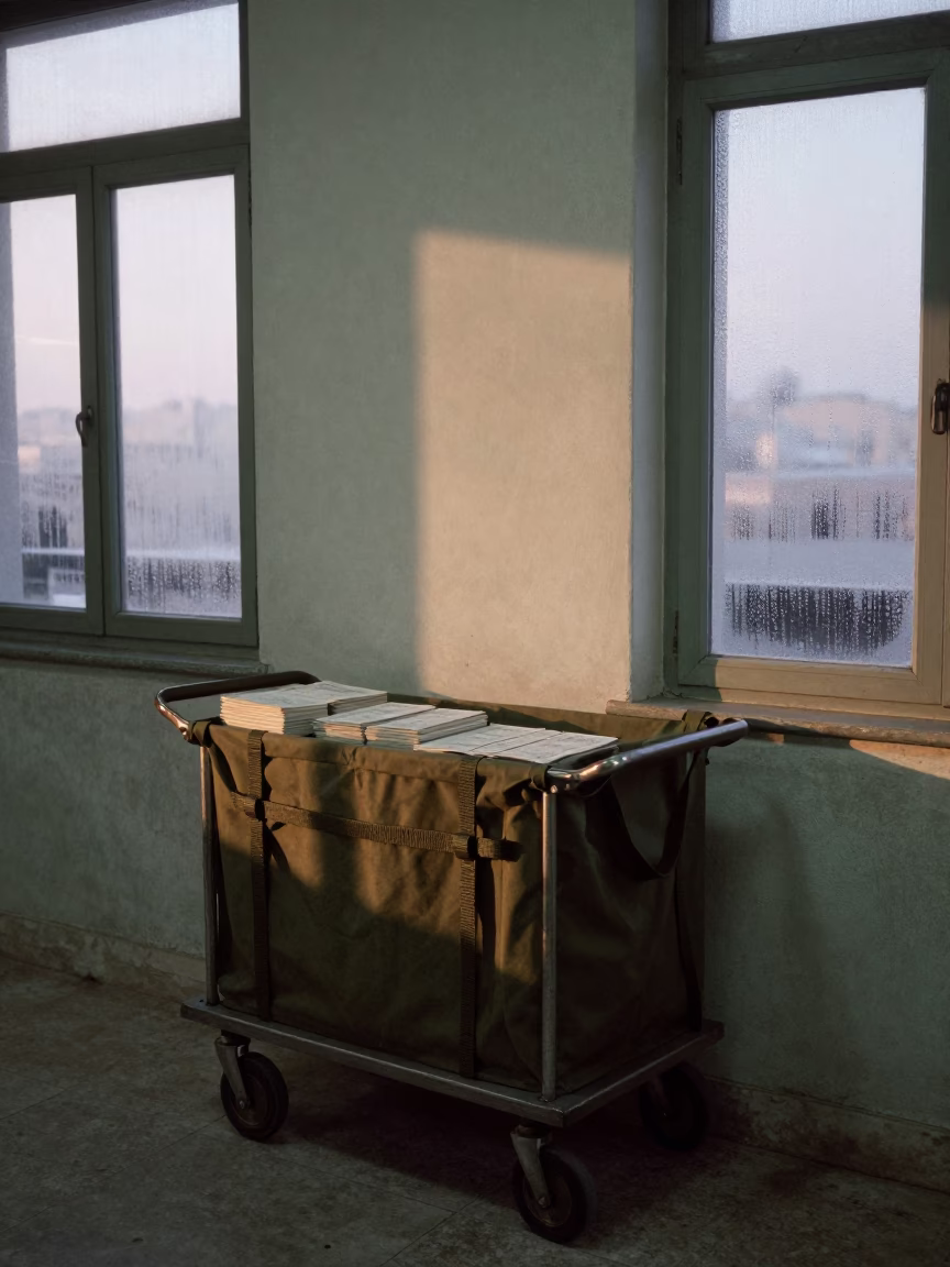 Linen Exchange Cart in Tripoli Mess Hall Dawn in in a mess hall before service in Tripoli