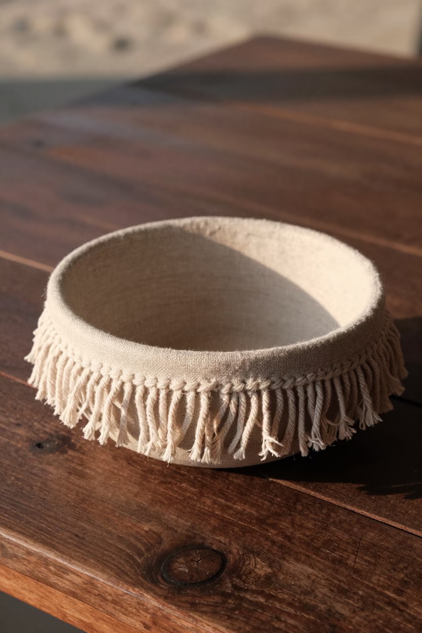 Linen Fringe Bowl on Wooden Table in Phuket Thailand Late Afternoon Light in in Phuket, Thailand