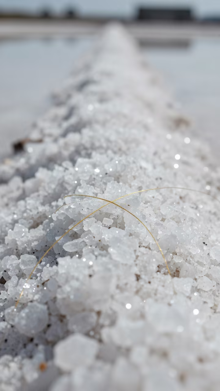 Linen and Gold Thread on Manila Salt Crystals in on salt crystals along a pan rim in Manila