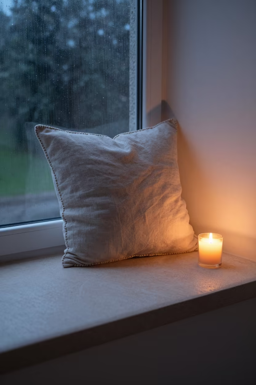 Linen Pillow Candlelight Giza Window Seat in on a window seat near Giza