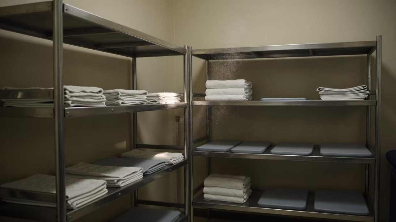 Linen Restock Shelf Night Rehab India in inside a rehabilitation therapy room in Prayagraj