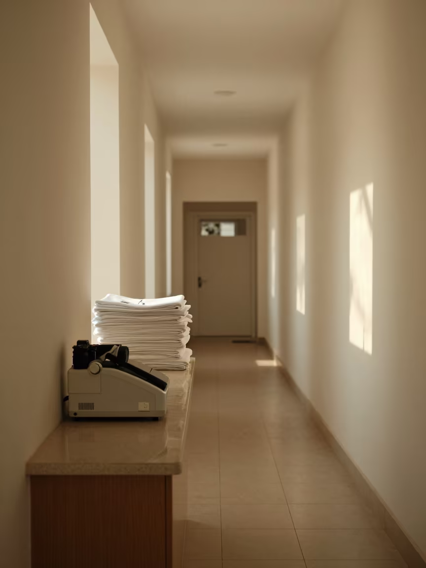 Linen Scanner Station Arua Corridor Noon in in a quiet guest corridor in Arua