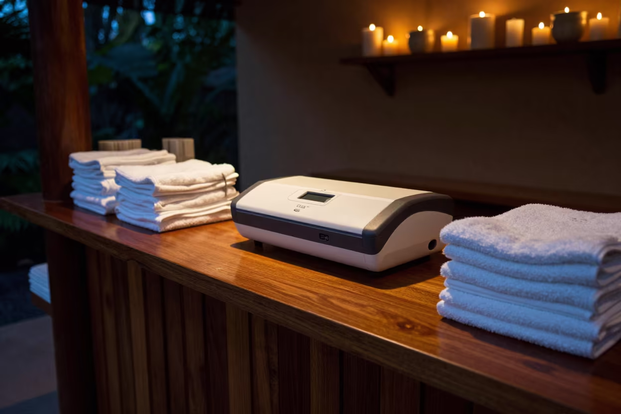 Linen Scanner Station Pre-Dawn Spa Glow in inside a spa reception in Cúa
