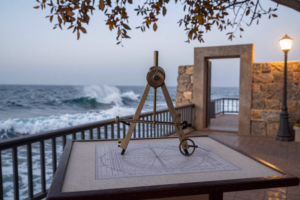Linen Sextant Dawn Haze Pier Aswan in on a pier railing in Aswan