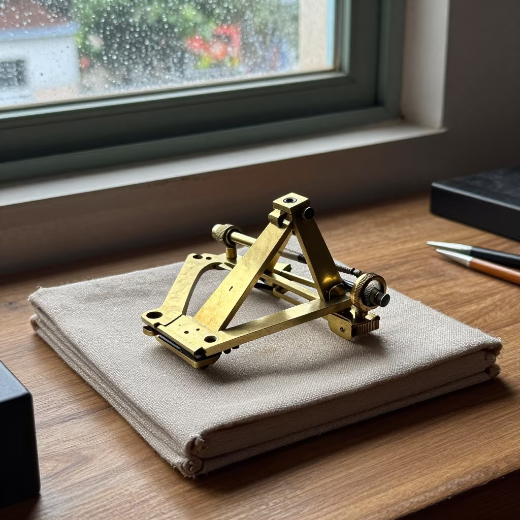 Linen Sextant on Oak Desk in Haiphong in on a wooden workbench in Haiphong