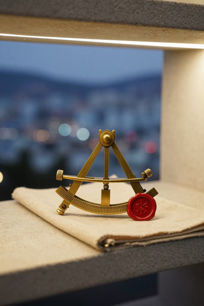 Linen Sextant and Wax Seal on Stone Shelf in on a writing desk near Nampo-dong, Busan