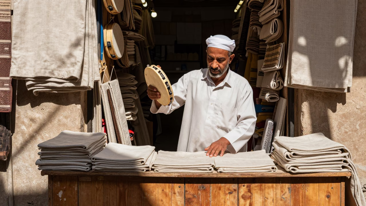 Linen Shop Owner Adjusts Folds Under Harsh Luxor Noon Sunlight in in Luxor, Egypt