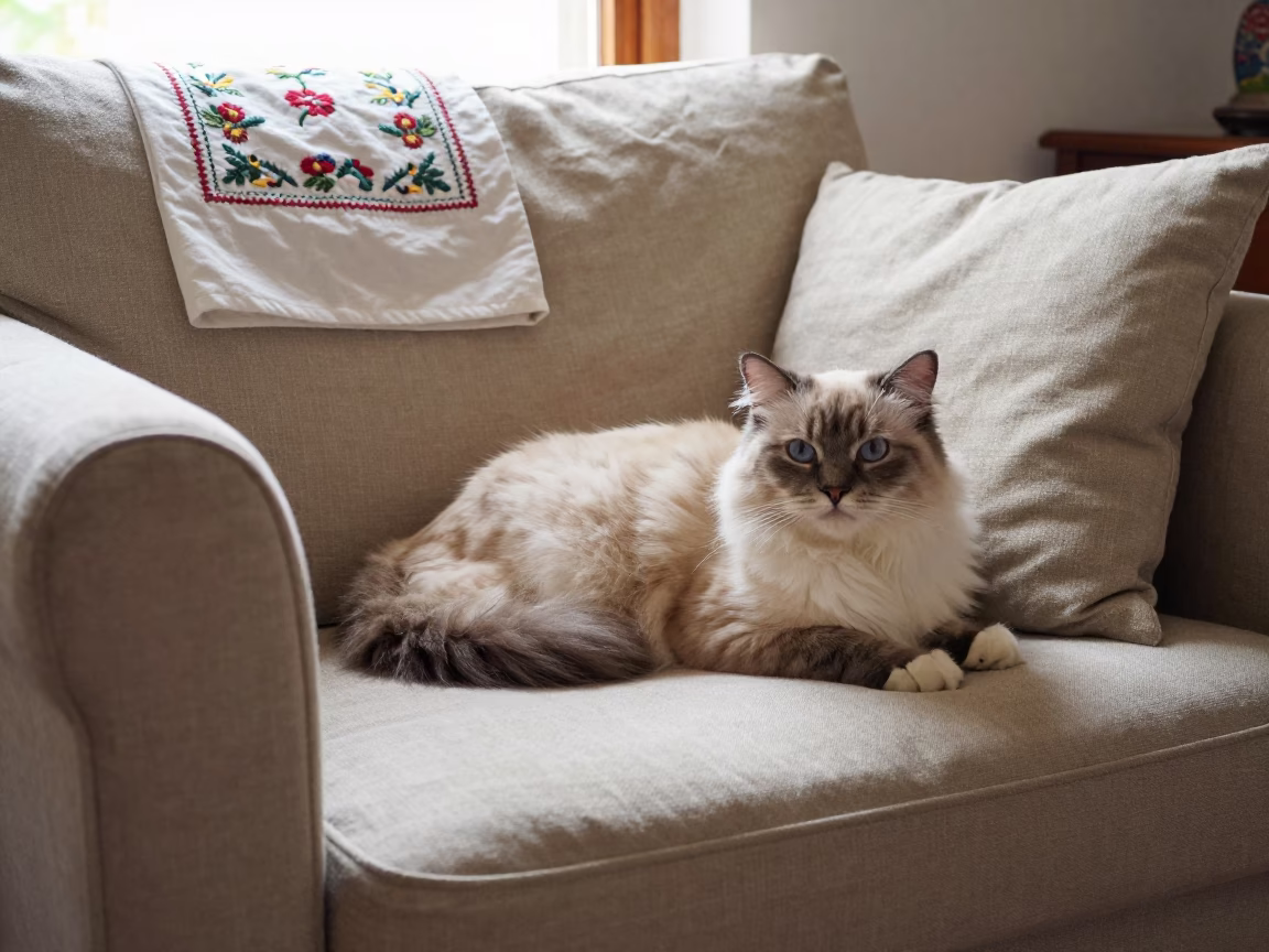 Linen Sofa Cymric Cat in Tlaquepaque Daylight in on a linen sofa with daylight from a nearby window in Tlaquepaque