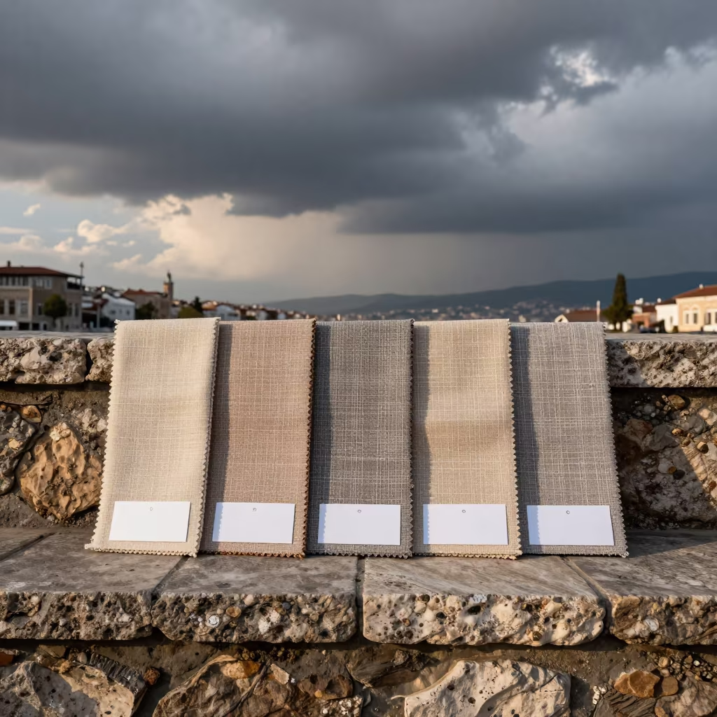 Linen Swatch Folder on Harbor Wall in against a wind-beaten harbor wall in Nevşehir
