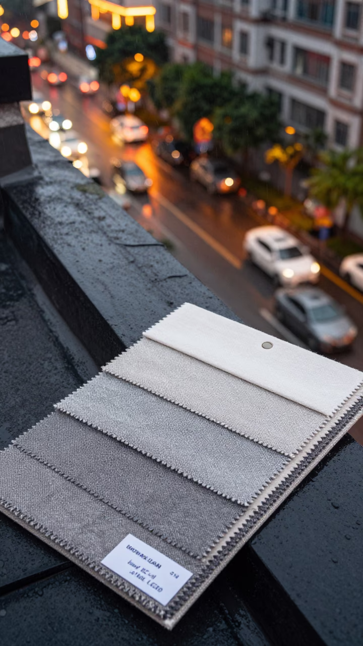Linen Swatch Folder on Wuhan Rooftop Evening Drizzle in on a rooftop above evening traffic in Wuhan