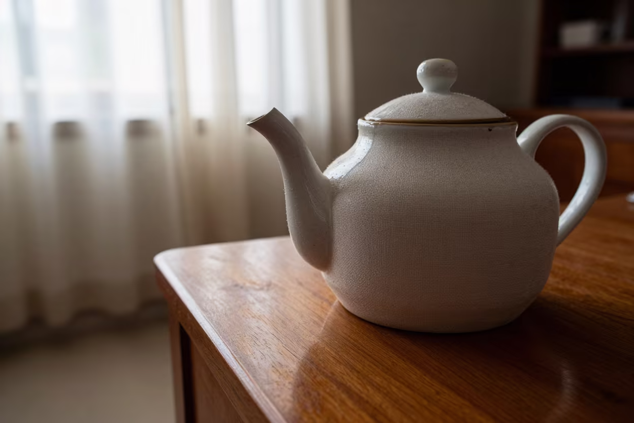 Linen Teapot on Desk in Tamale Window Light in on a writing desk in Tamale