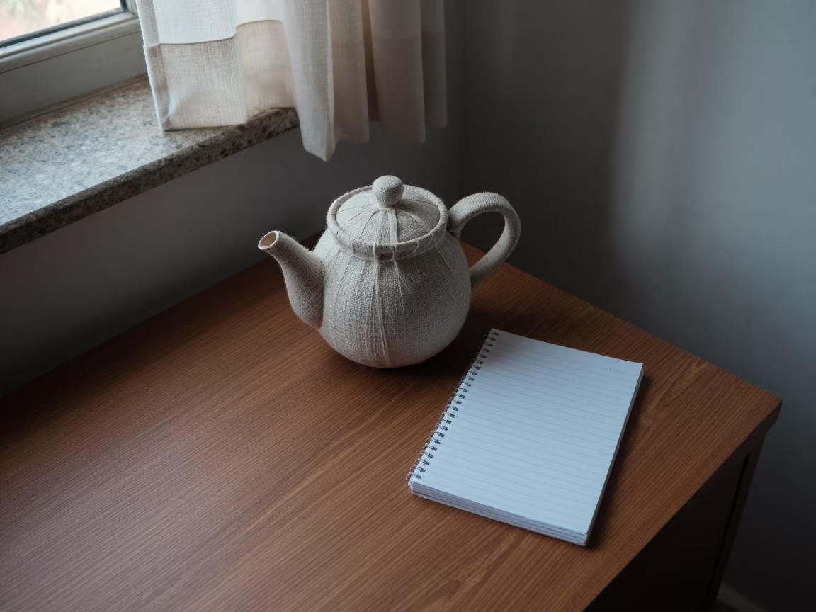 Linen Teapot and Notes on Oak Desk at Dawn in on a stone ledge near Lusaka