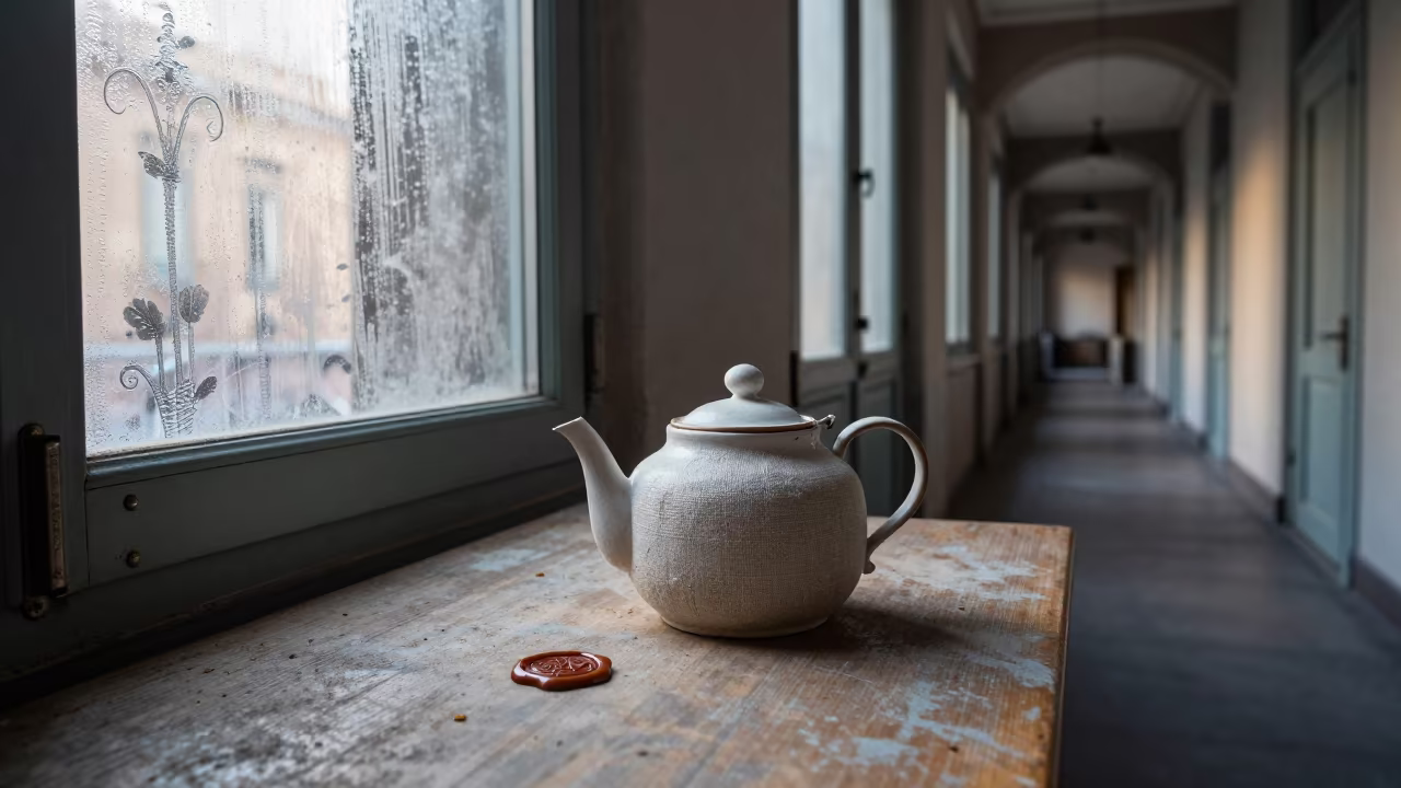 Linen Teapot and Wax Seal on Dawn Library Table in on a dusty library table near Vomero, Naples