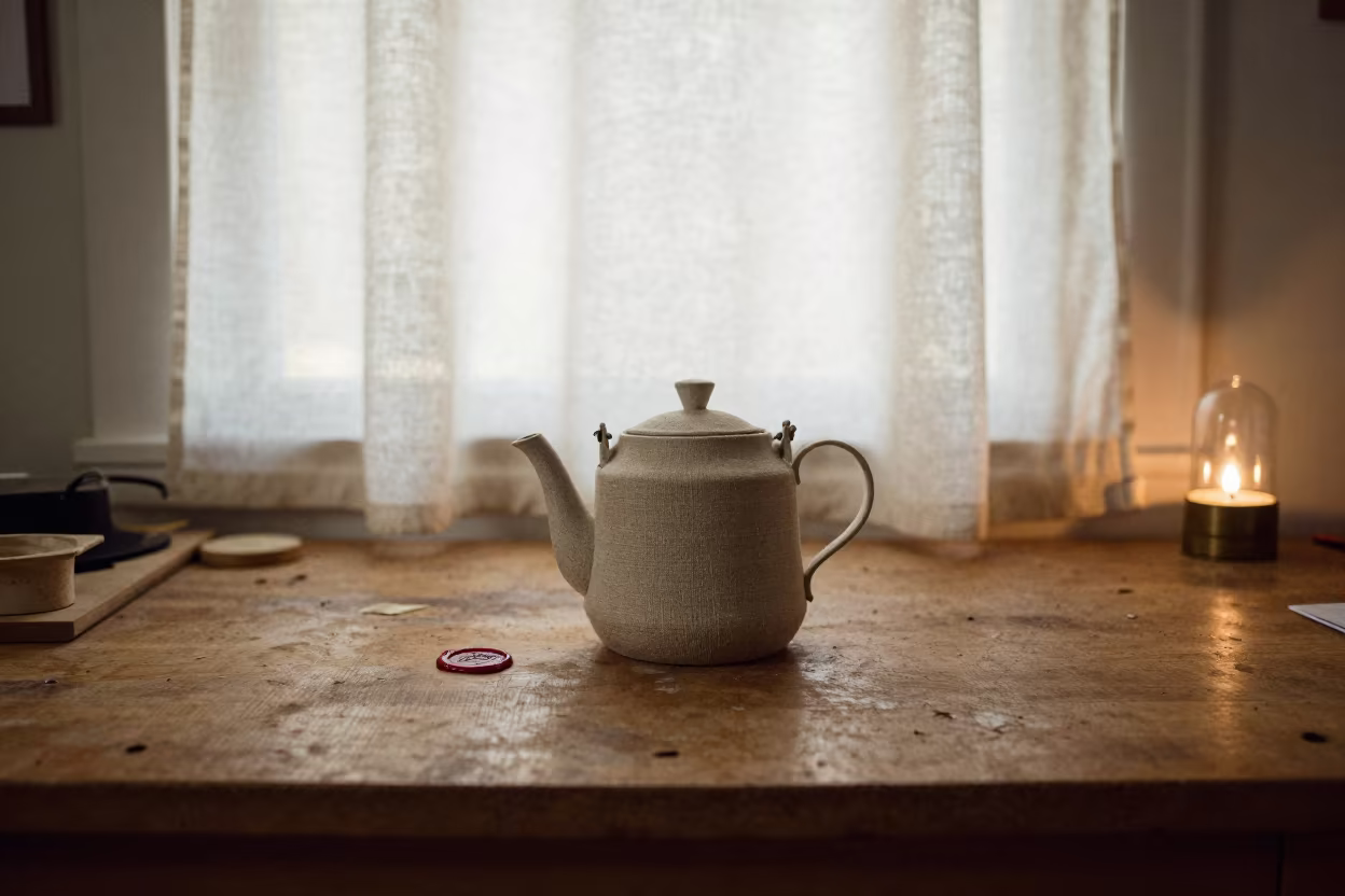 Linen Teapot and Wax Seal on San Francisco Bench in on a wooden workbench in San Francisco