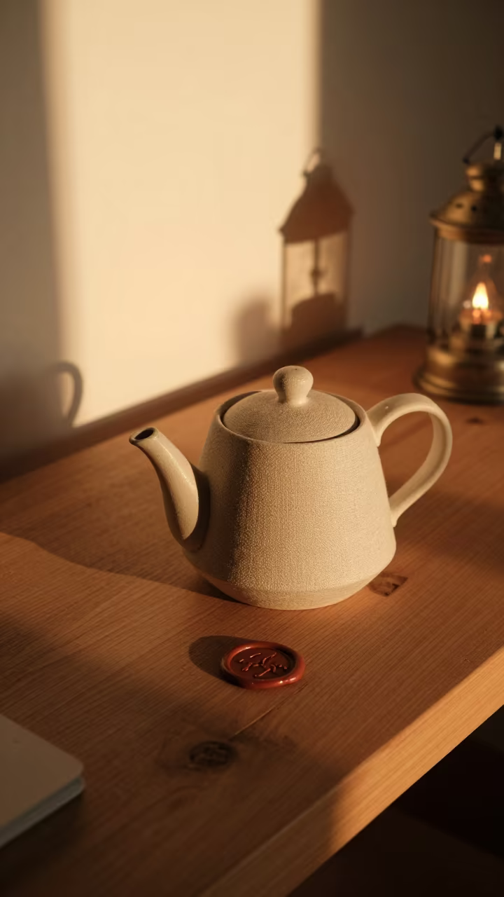 Linen Teapot and Wax Seal in Sunset Light in on a wooden workbench near Camps Bay, Cape Town