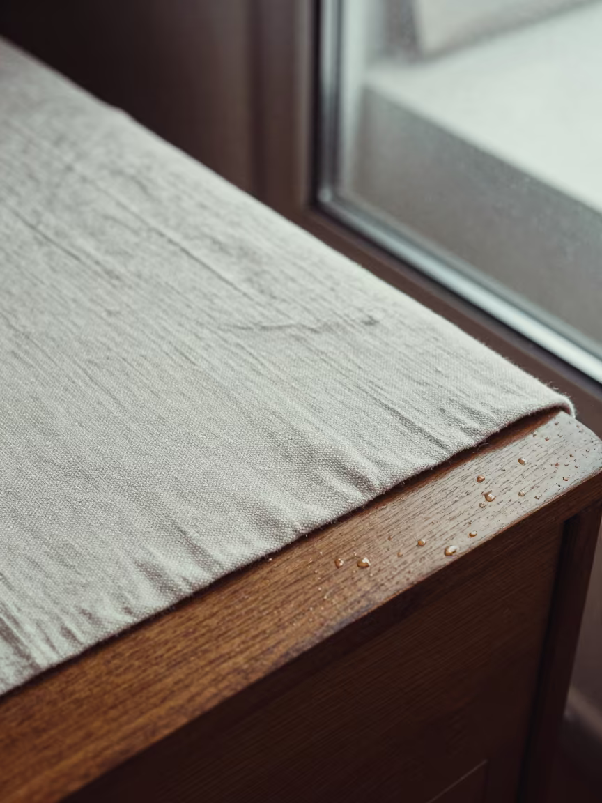 Linen Weave Detail on Hefei Bedside Table in on a bedside table near Hefei