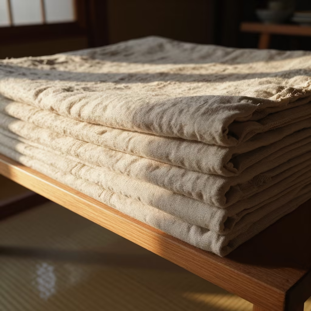 Linen Weave Detail on Kyoto Workshop Shelf in on a workshop shelf near Kyoto