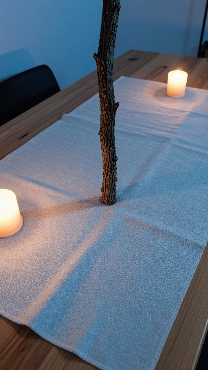 Linen Weave Tree in Candlelit Markham Room in on a wooden workbench in Markham