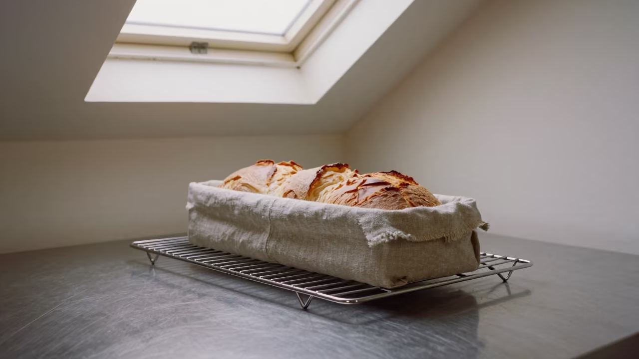 Linen Wrapped Bread Basket on Bakery Rack in on a bakery cooling rack in Old City, Shanghai