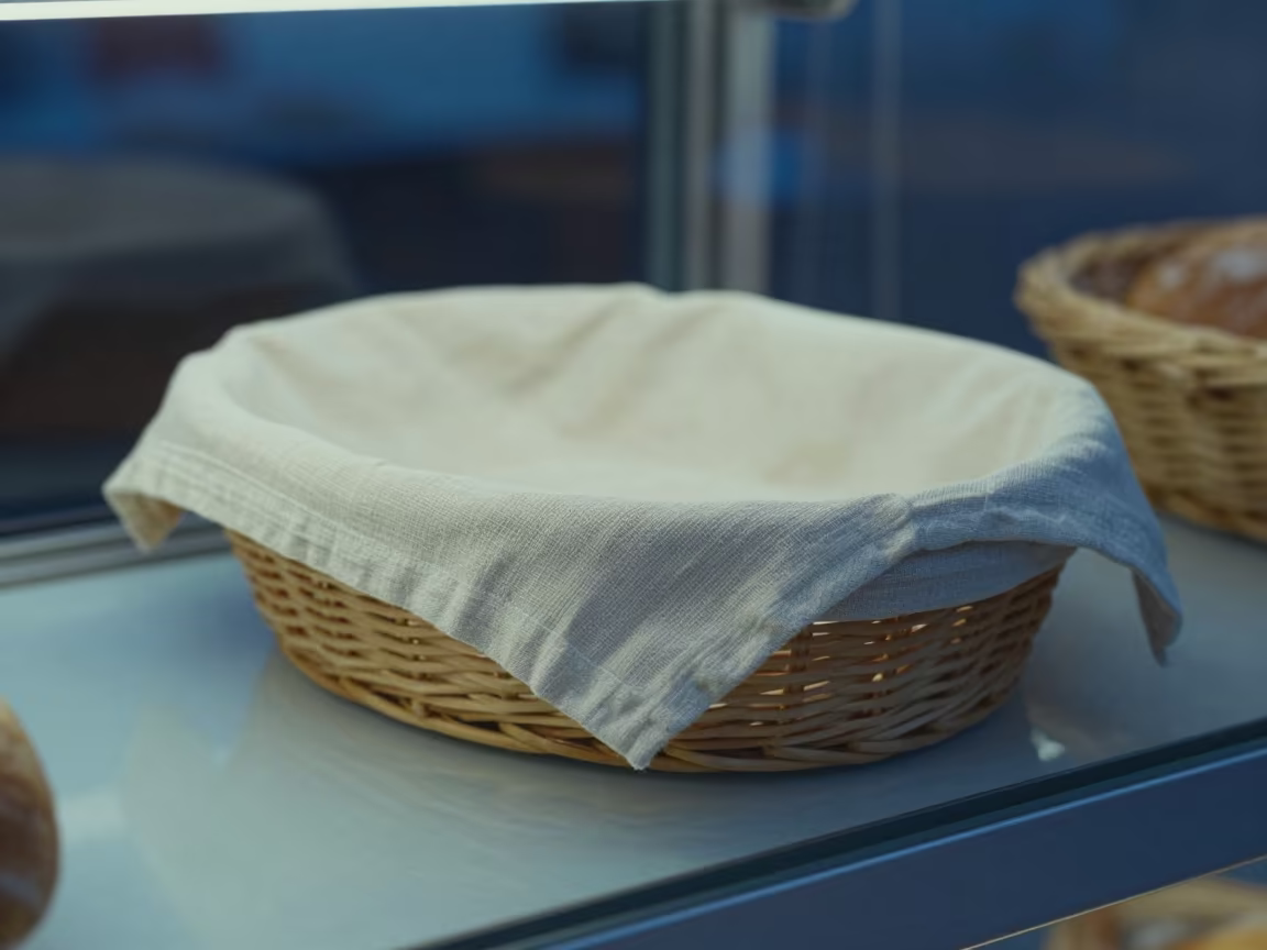 Linen Wrapped Bread Basket in Ouagadougou Bakery in in a bakery display case in Ouagadougou