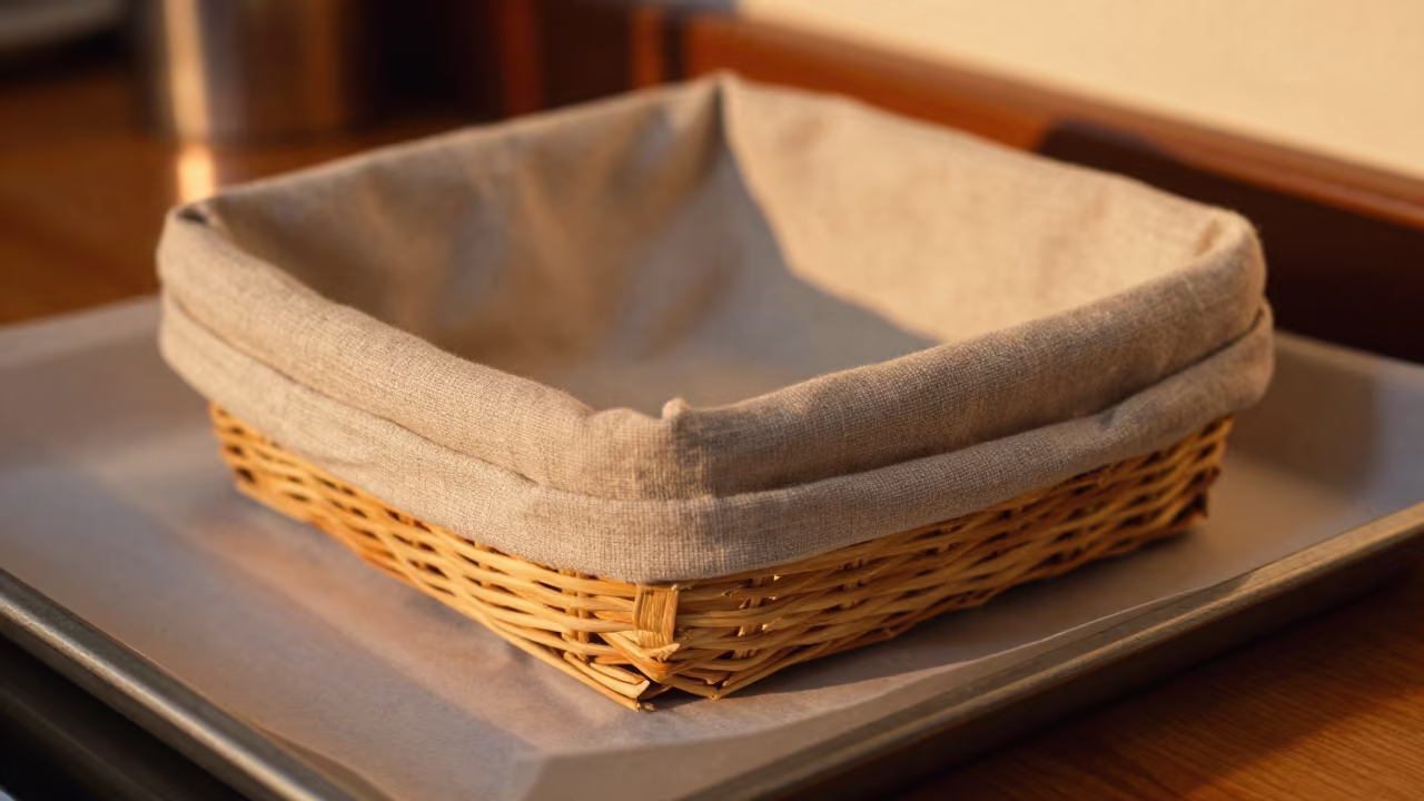 Linen Wrapped Bread Basket on Pastry Tray in on a parchment-lined pastry tray in Atyrau
