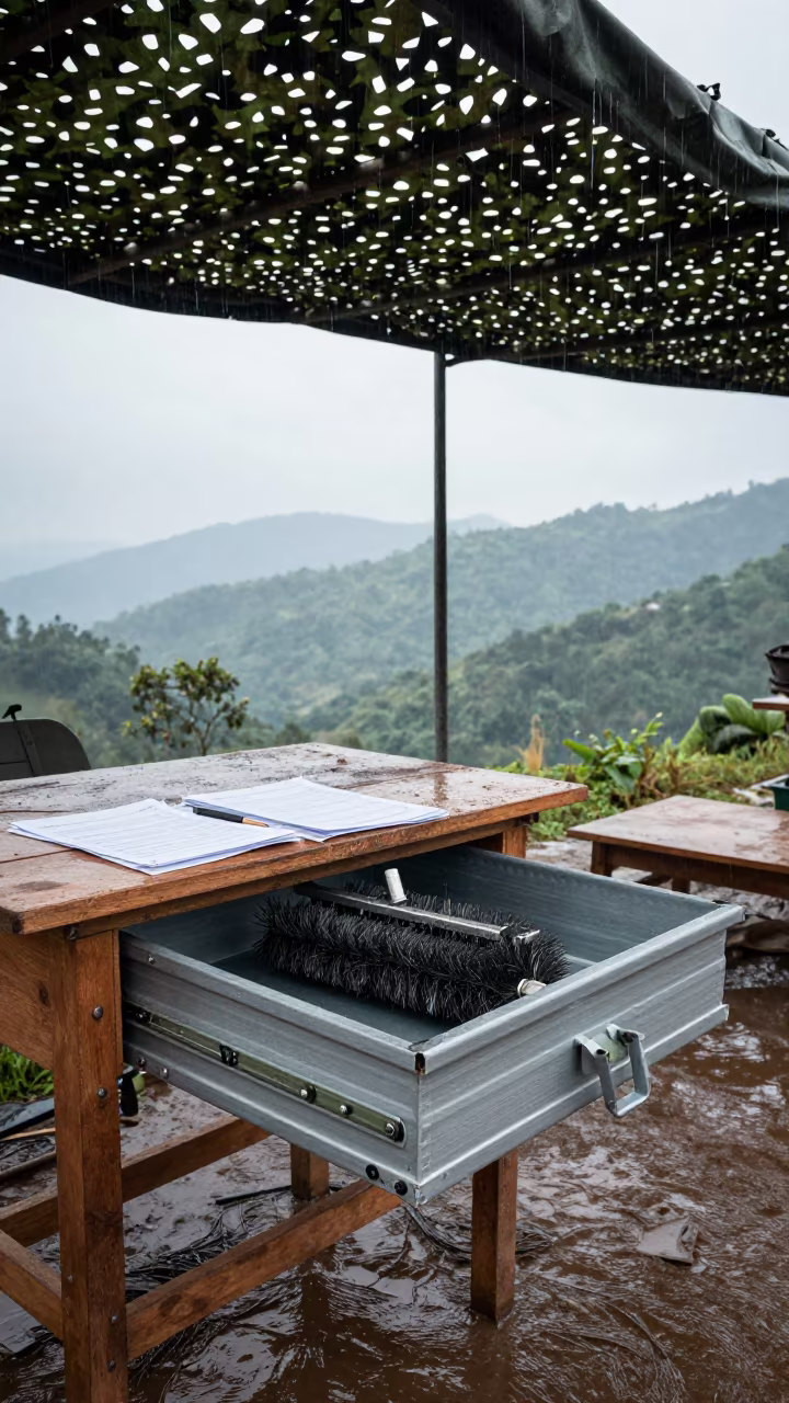 Lint Brush Drawer Under Camo Net in Tripura Rain in beneath a camouflage net shelter in Tripura