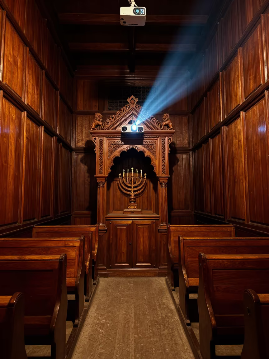 Lion Carvings and Menorahs in Jaranwala Synagogue in beside a carved Torah ark in Jaranwala