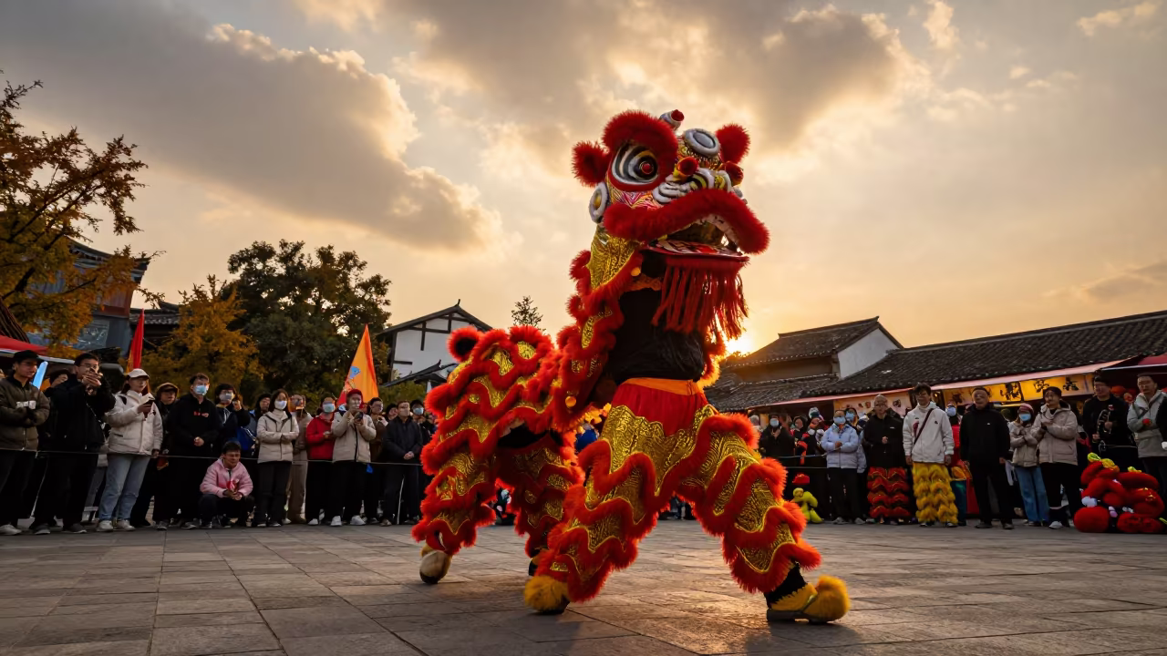 Lion Dance Performance at Guiyang Night Market in at a night market in Guiyang