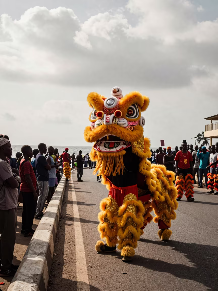 Lion Dance Performance on Lagos Island Street in at a waterfront celebration in Lagos Island, Lagos