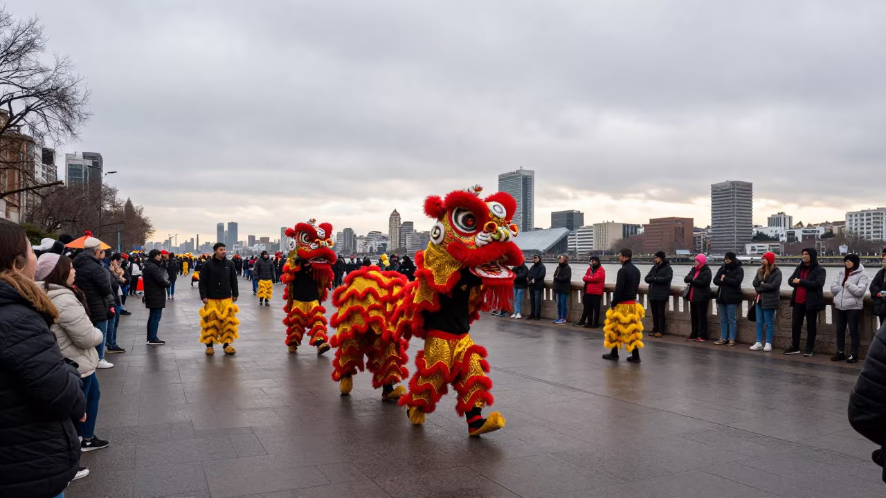 Lion Dance Performance Buenos Aires Waterfront in at a waterfront celebration in Buenos Aires