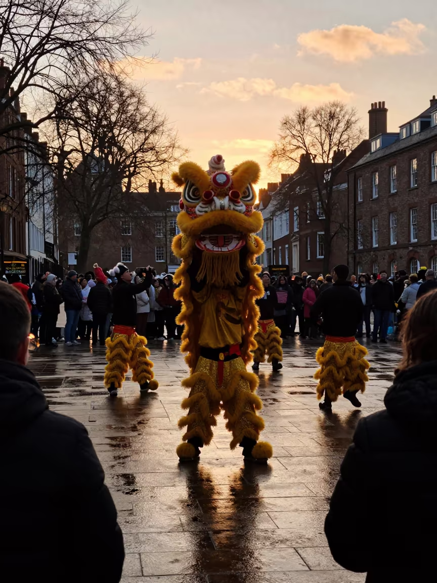 Lion Dance Silhouette Before Dusk in Cambridge Square in at a public square during a festival in Cambridge