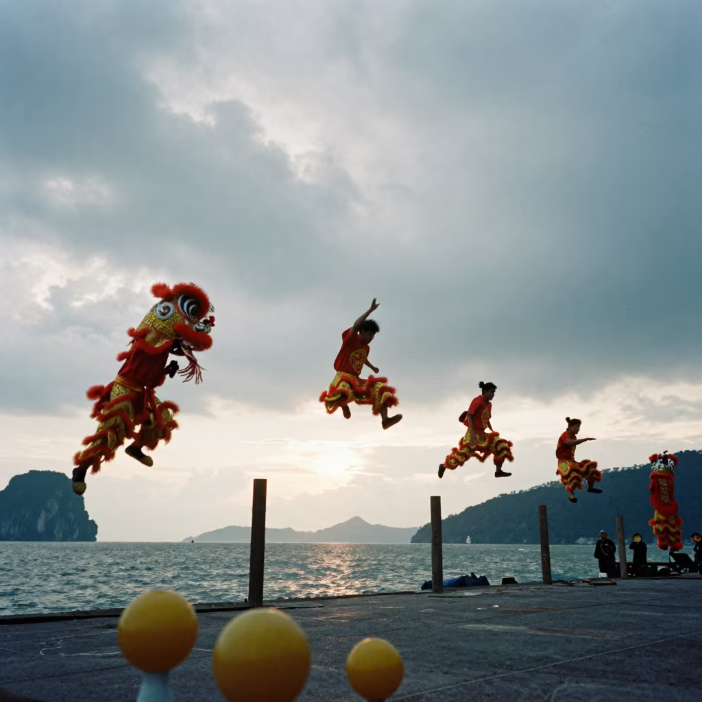 Lion Dance Troupe Jumping Poles Krabi Waterfront in at a waterfront celebration in Krabi