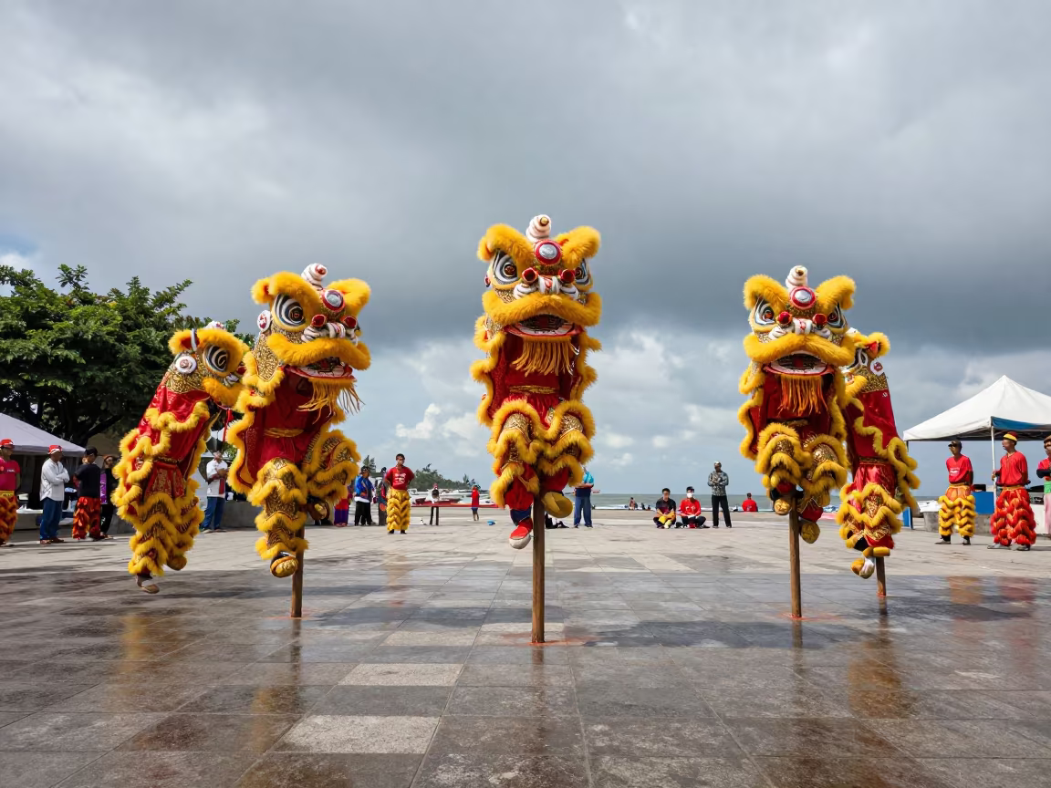 Lion Dance Troupe Leaping Poles Cebu Festival in at a public square during a festival in Cebu