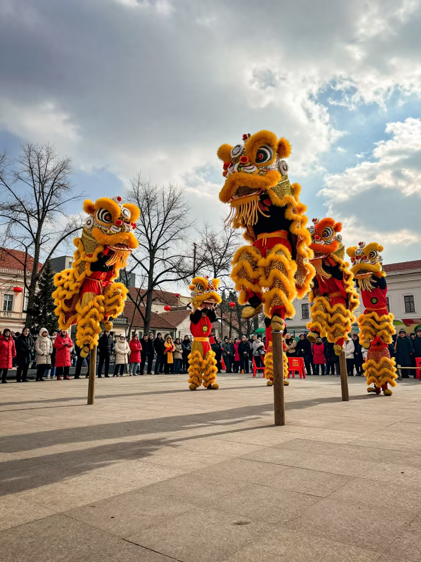 Lion Dance Troupe Leaping Poles in Plock in at a public square during a festival in Płock