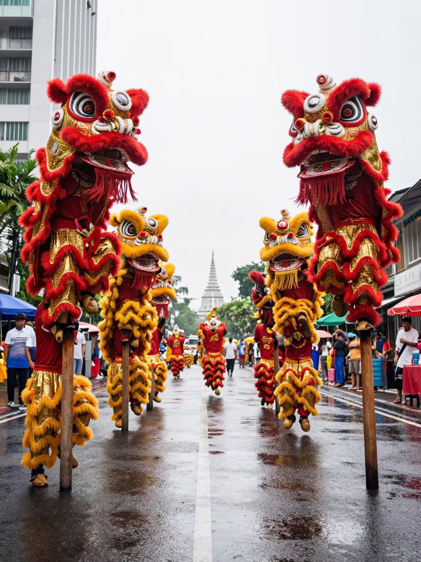 Lion Dance Troupe Leaping Between Poles in at a festival street procession in Sukhumvit, Bangkok