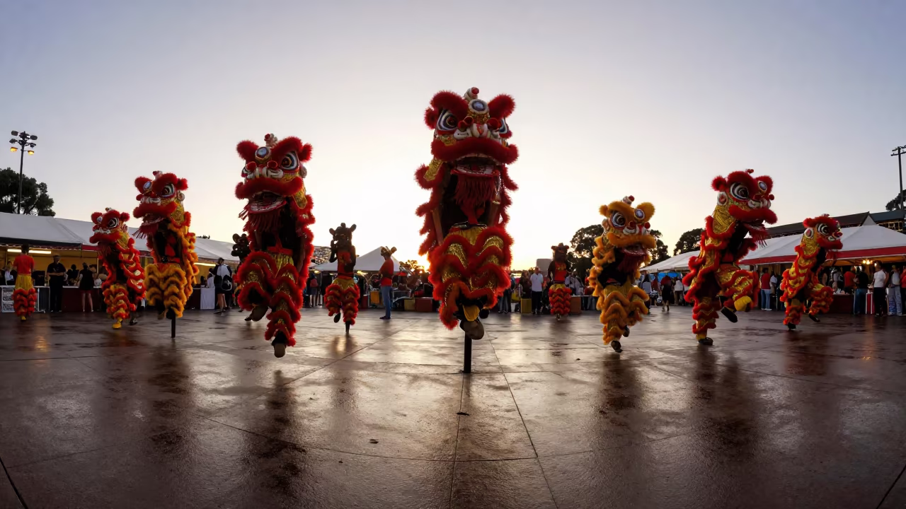 Lion Dance Troupe Leaping Poles Sunset Night Market in at a night market in Barangaroo, Sydney