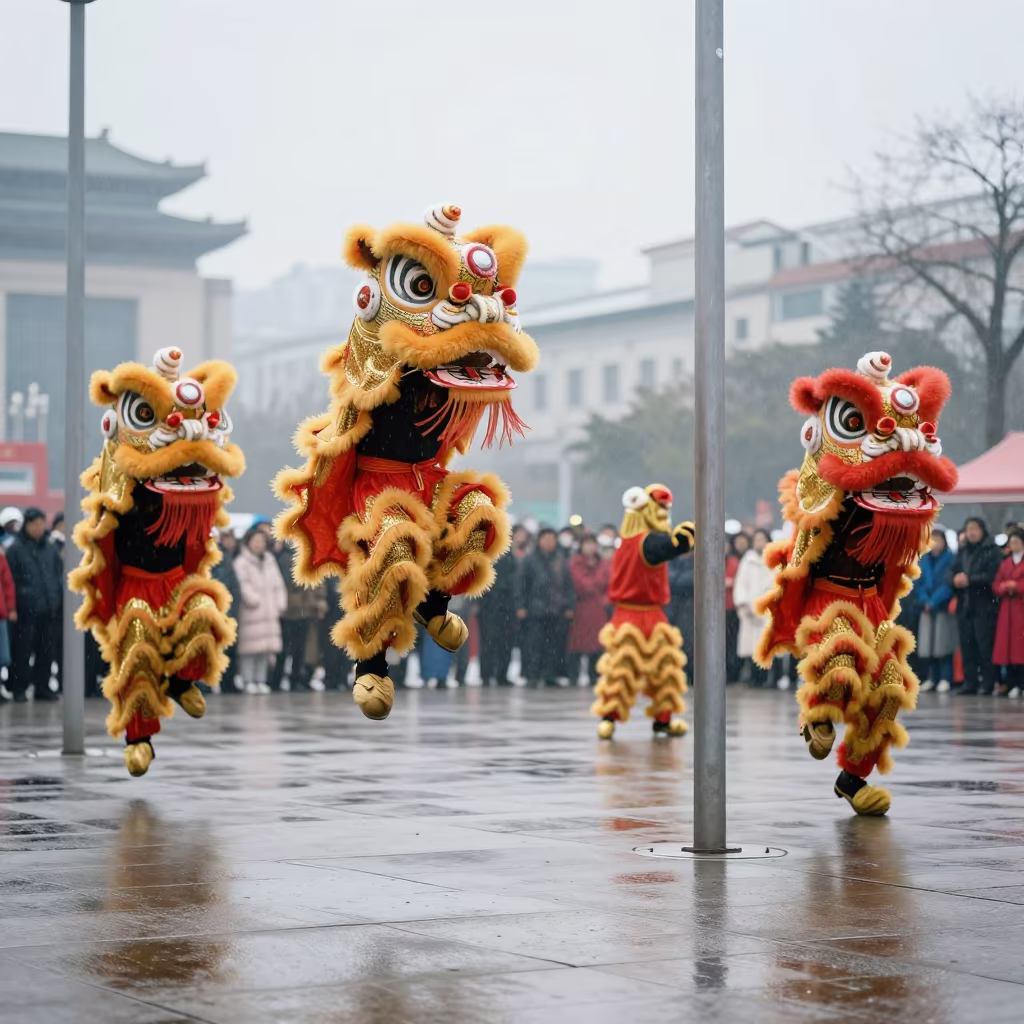 Lion Dance Troupe Leaping Winter Poles Changchun in at a public square during a festival in Changchun