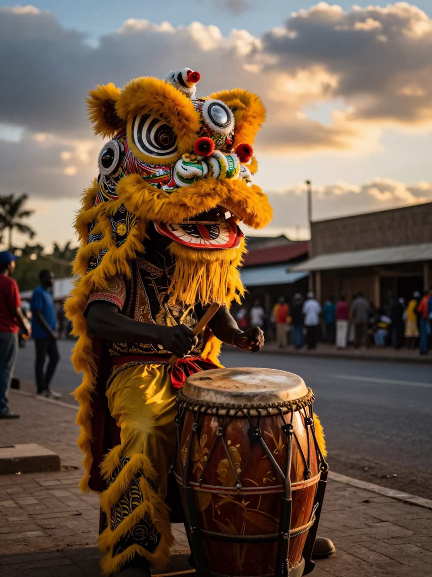 Lion Drummer in Shinyanga Street Corner in at a street corner busking spot in Shinyanga