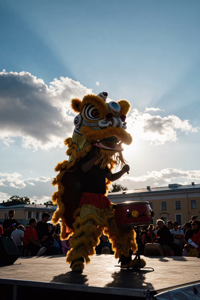 Lion Drummer Silhouette on St Petersburg Stage in on a festival main stage in St Petersburg